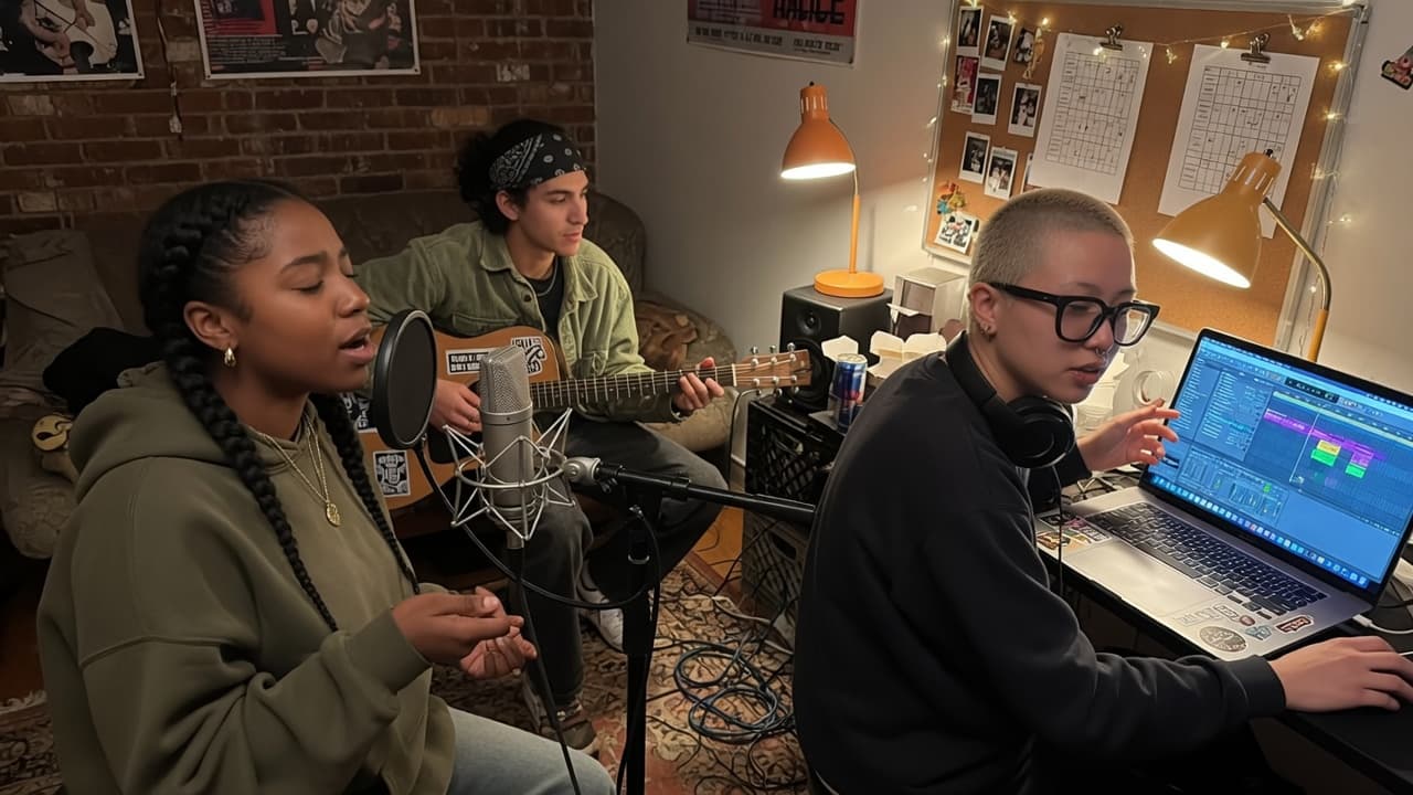 Young musicians collaborating in a home studio with warm ambient lighting