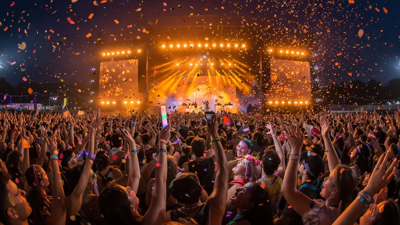 Packed outdoor music festival with diverse crowd celebrating under warm amber lights