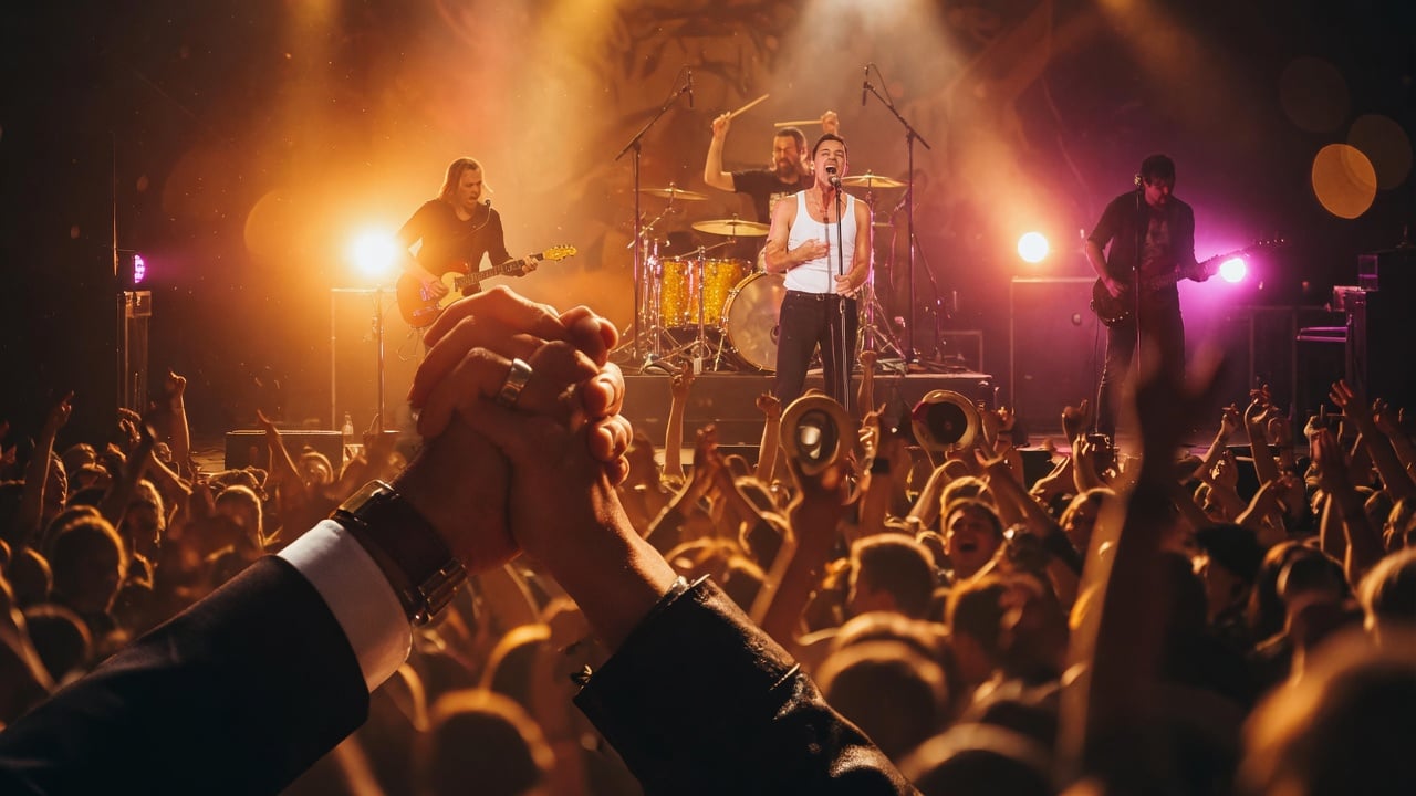 Handshake silhouetted against a warm amber lit live music stage