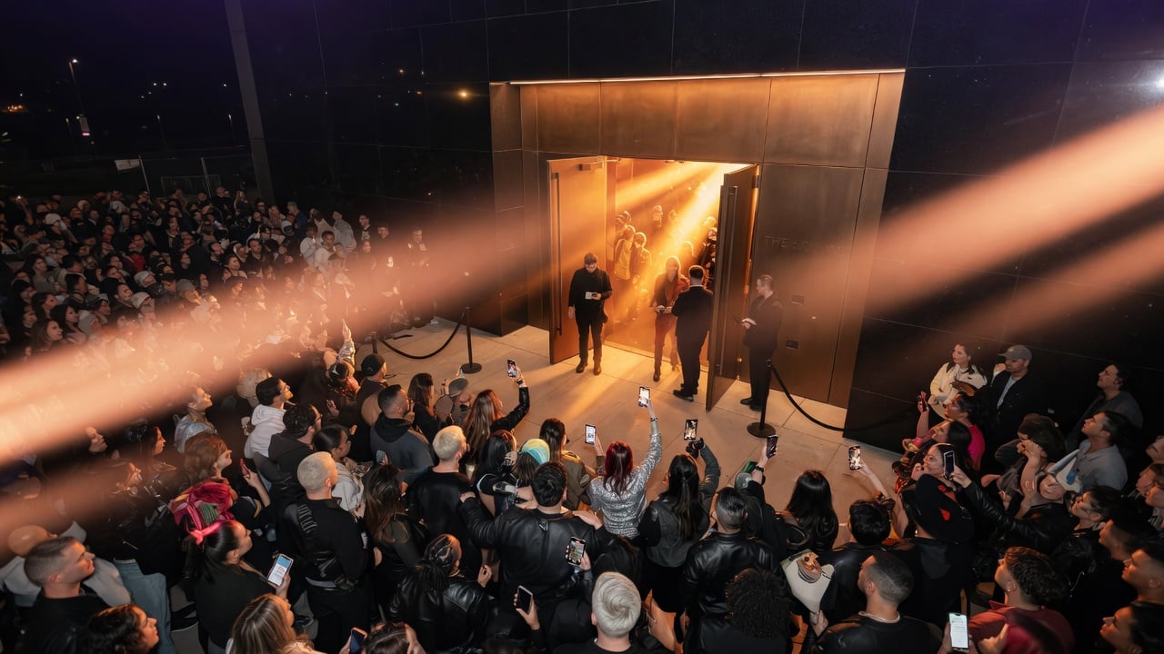 Crowd pressing toward a glowing venue entrance at night