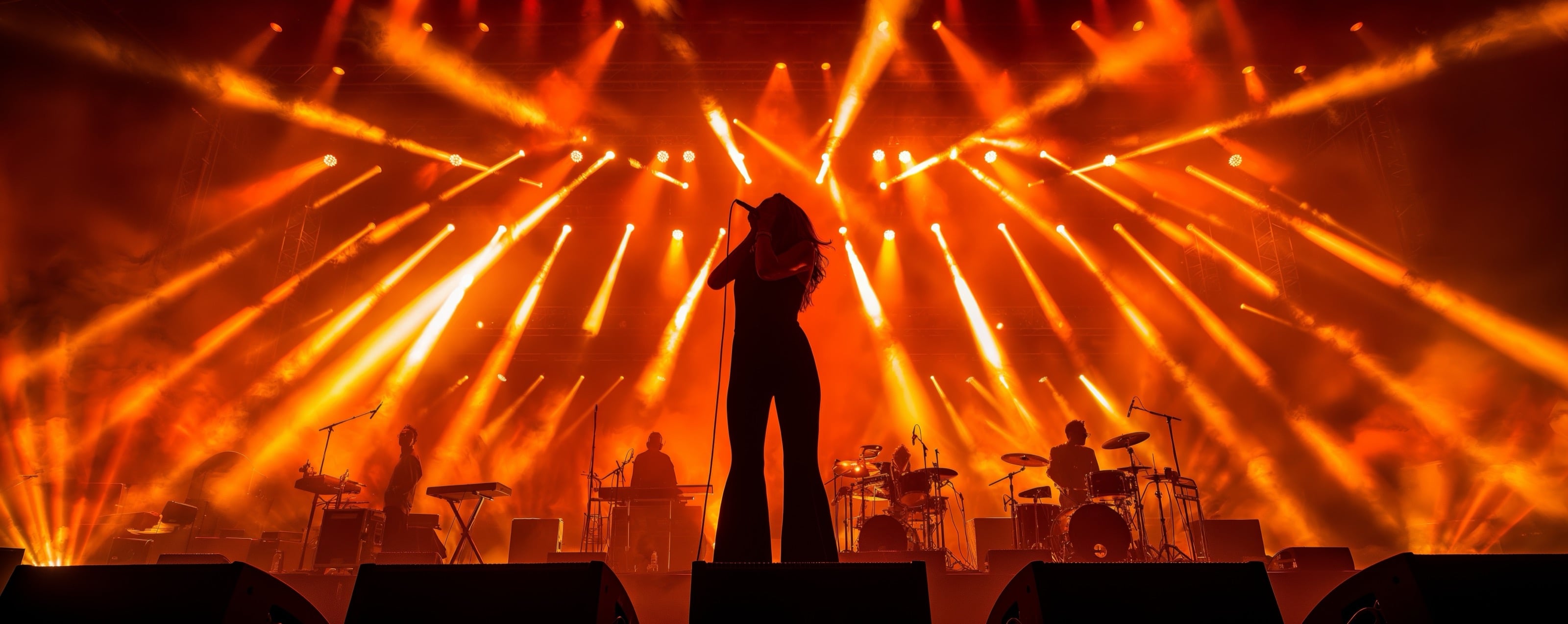 Artist silhouette performing under dramatic amber stage lighting